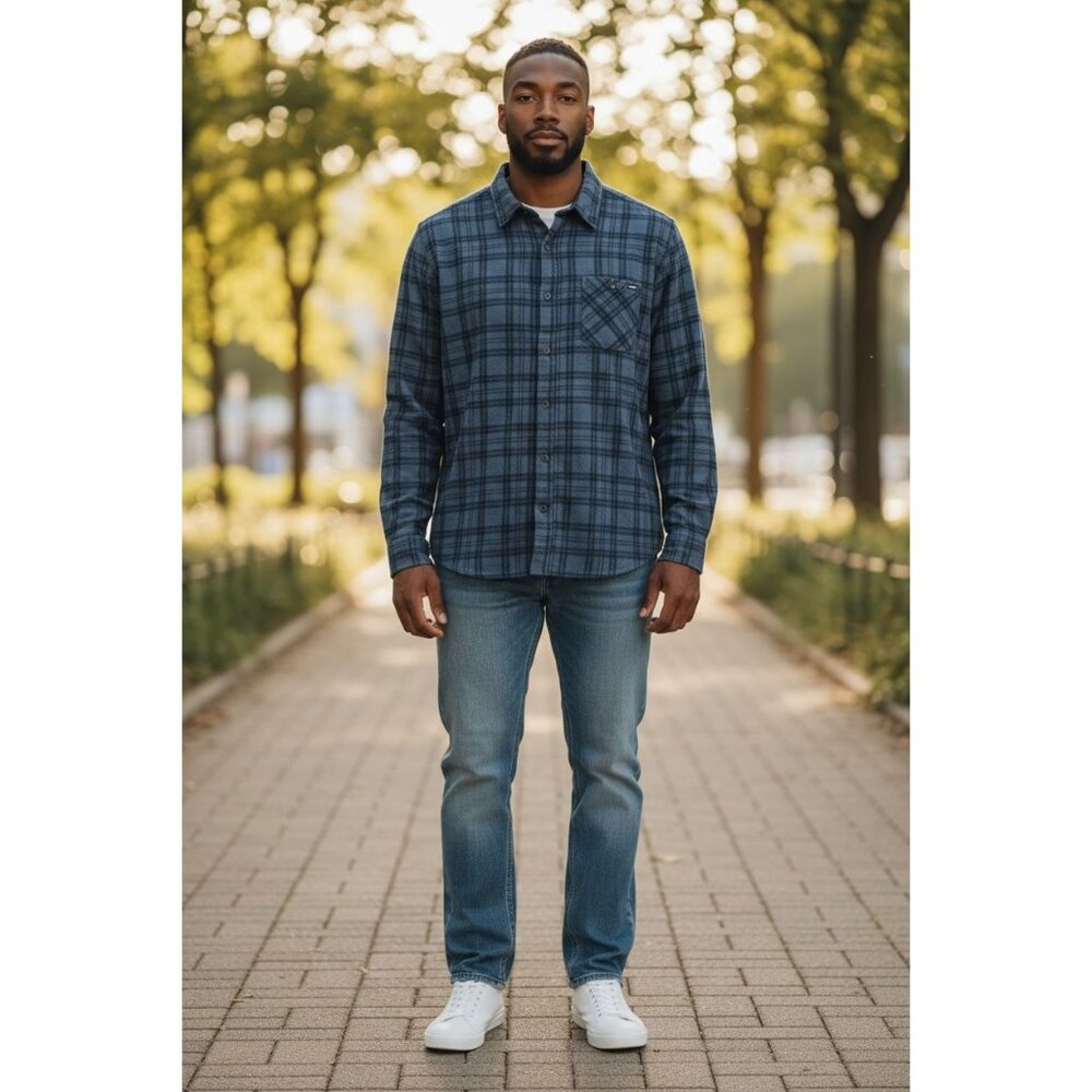 HURLEY Men's Knit Printed Button Up Diffused Blue Plaid Shirt LARGE